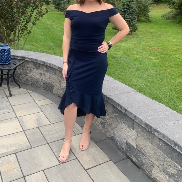 Navy off the shoulder dress - Picture 2 of 4